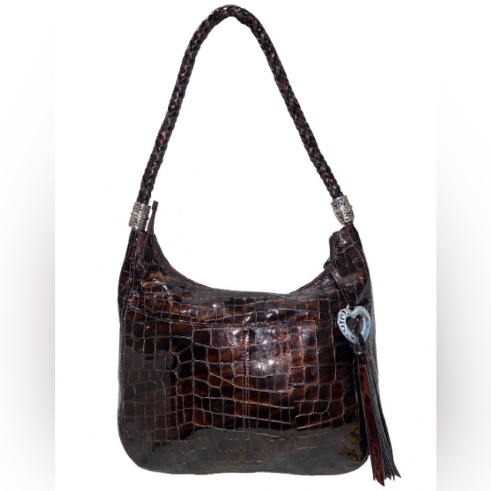 Brighton Braided Handle Croc-Embossed Brown Shoulder Bag NWOT
